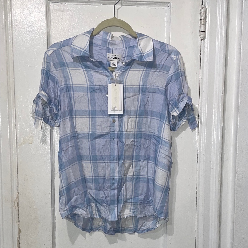 For The Republic Light Blue and White Plaid Short-Sleeve Button-Down Shirt